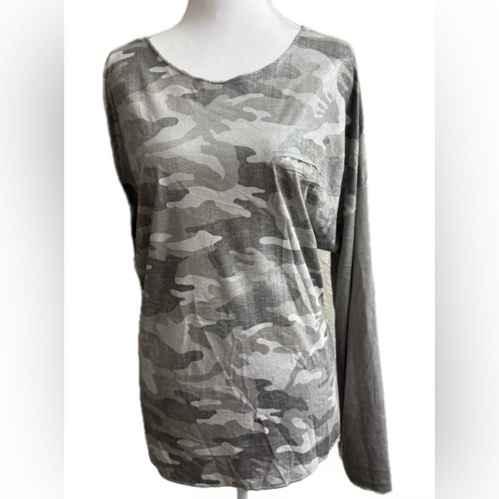 TEMPO PARÍS METALLIC CAMO LONG SLEEVE TOP GRAY SIZE: M / L EFFORTLESS CHIC. - Picture 4 of 7